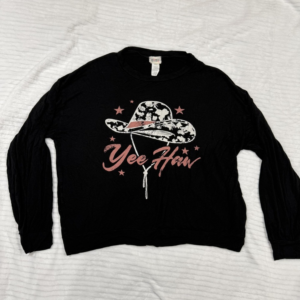 Bibi Yee Haw Cowboy Hat Graphic Long Sleeve Top Black Pink Western Large